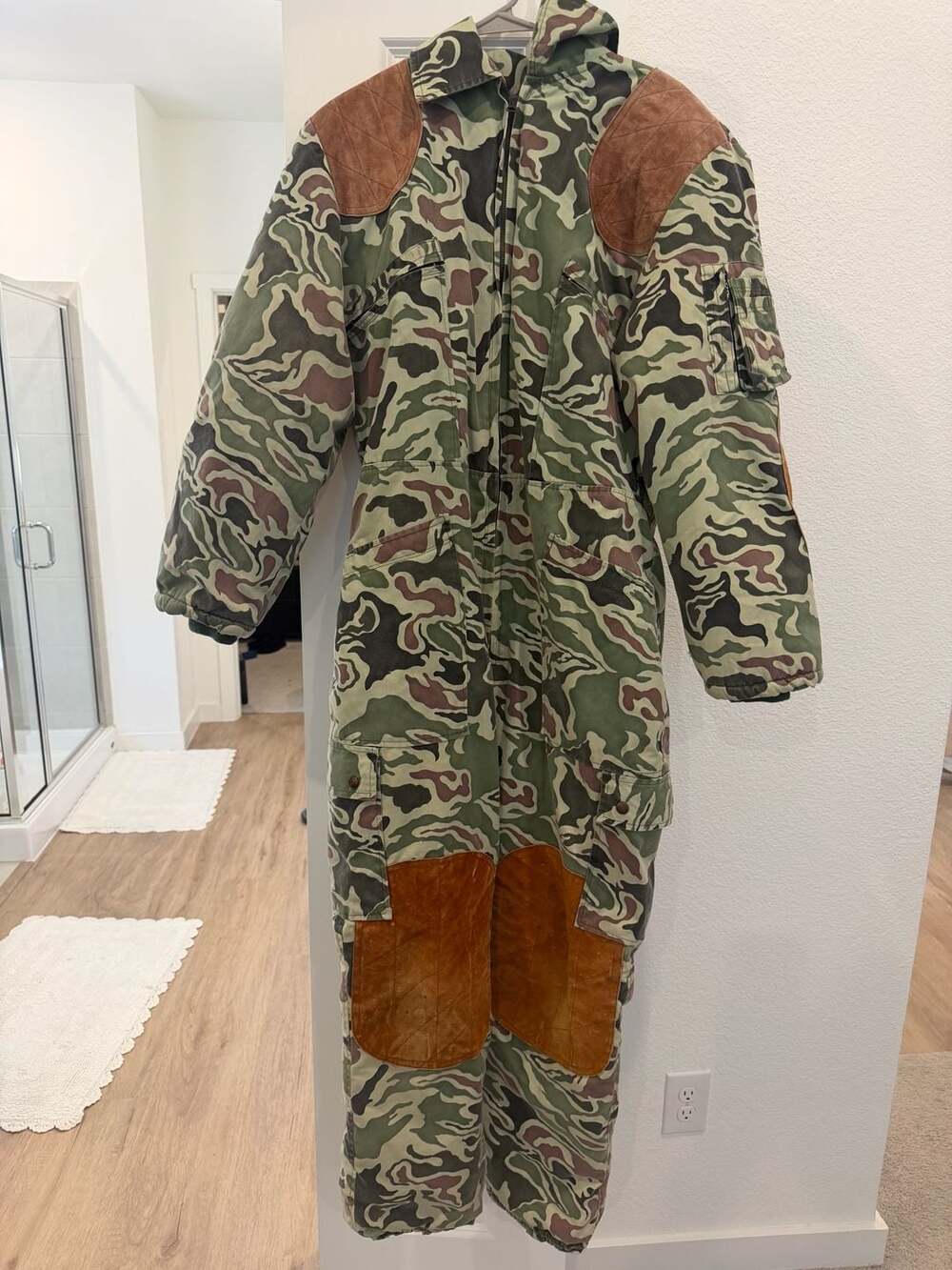 Vintage Duck Camo Insulated Hunting Coveralls Quilted Lined Brown Patches